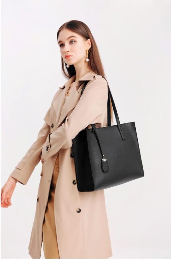 Women's Tote Bag Large Handbag Soft Leather Simple Shoulder Bag with Zipper for School Work Leisure (A-Black) - Image 3