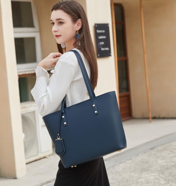 Women's Handbags Soft Faux Leather Large Tote Bags Large Capacity Ladies School Work Bags with Zip Blue - Image 2