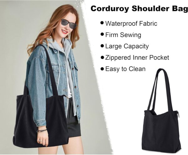 Waterproof Corduroy Totes Bag Extra Large Capacity Handbags Shoulder Bags Cord Tote Bag for Women Ladies Girls Casual Shopping Bag for Work School College Daily Use with Zipper - Image 6